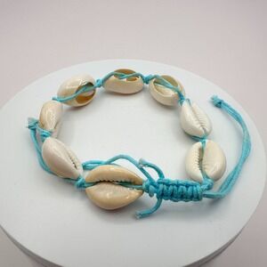 Vintage Y2K Cowrie Shell Bracelet Blue Macrame String Beach Women's Jewelry Boho
